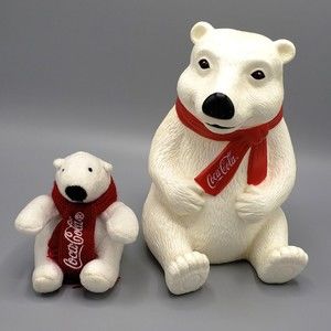 Lot 2 Coca Cola Polar Bear Plastic Coin Bank AND Mini Plush Coke Holiday Scarf